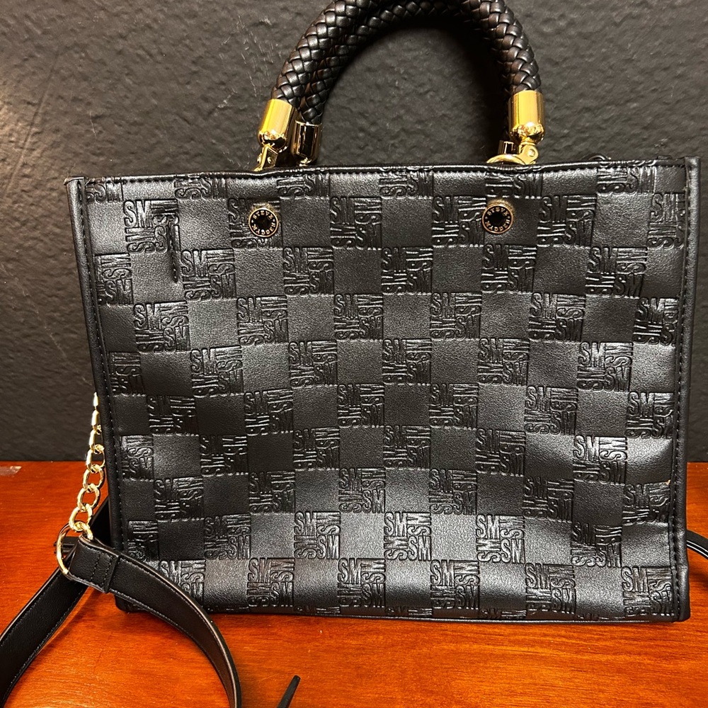 Steve Madden Bjeanne Monogram Embossed Black Faux Leather‎ Bag Guitar Strap